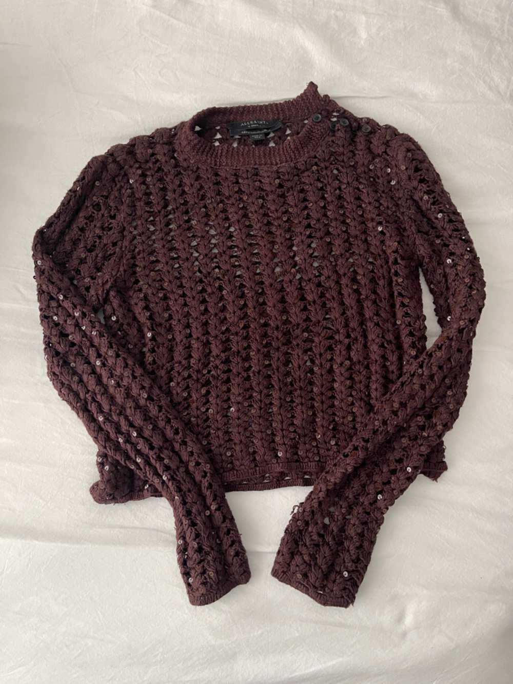 AllSaints Open-Knit Sequin Crewneck Sweater - Plum